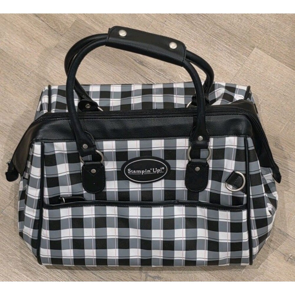 Stampin Up Craft Tote Bag Black White Plaid Gingham Travel Organizer Case Travel